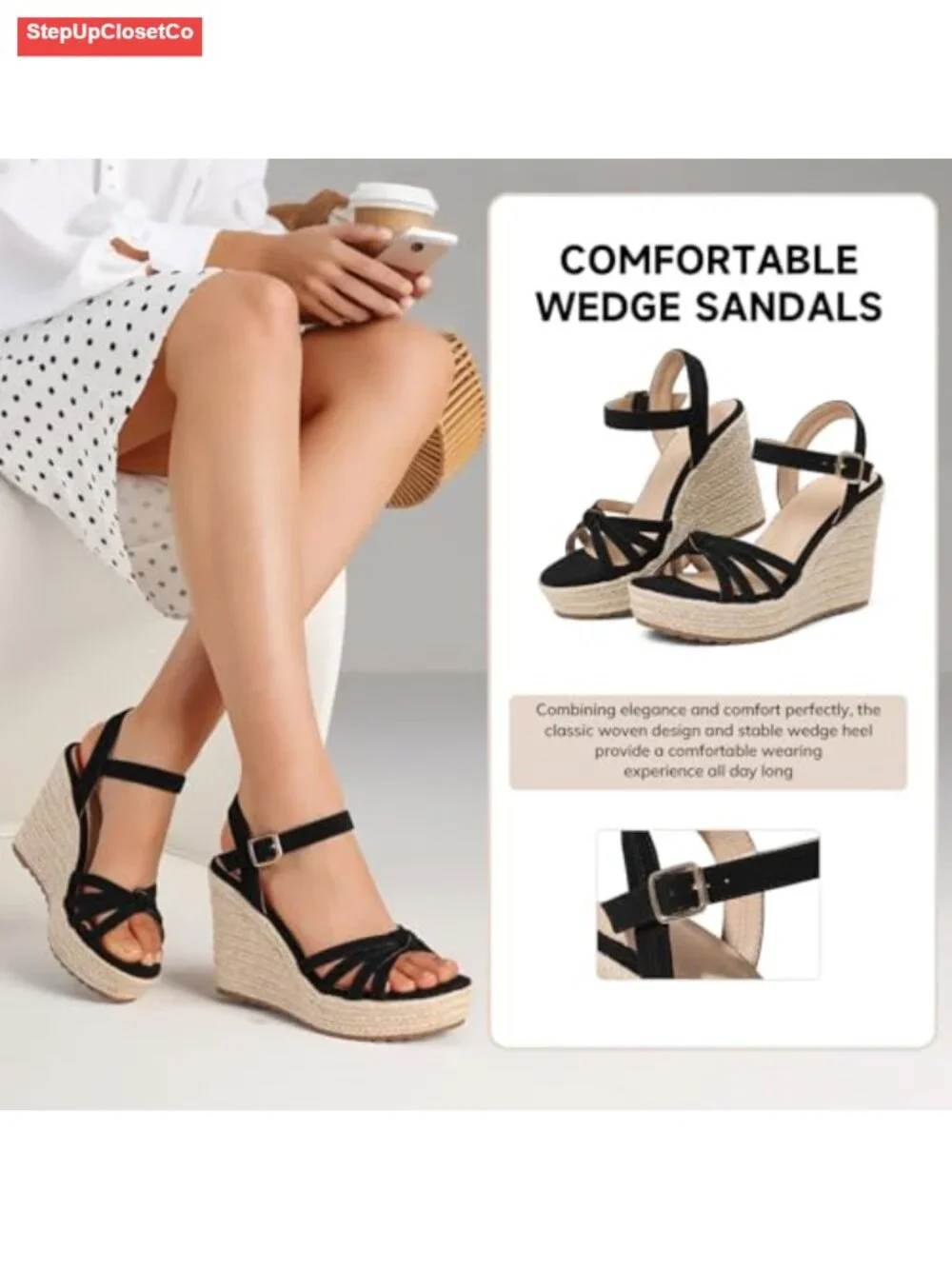 Woven Linen Straw Wedge Sandals with Platform, Adjustable Ankle Buckle,